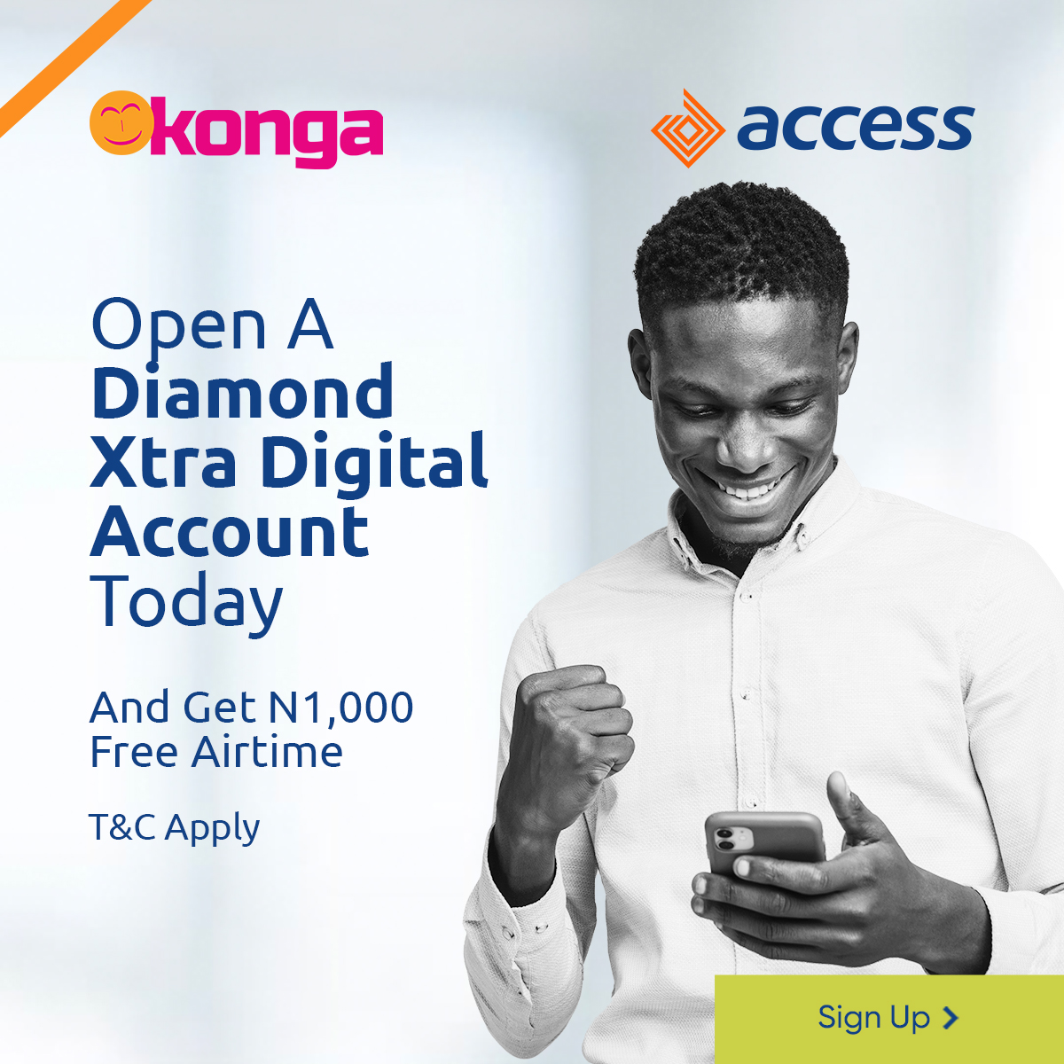 ShopKonga's tweet photo. Whoop whoop!!!
You can now get N1,000 free airtime when you Open a diamond xtra digital account today.
Do not sleep on this one.
.
.
.
#accessbank #diamondaccount #diamondxtradigitalaccount #shopkonga https://t.co/kASyIv4bsN