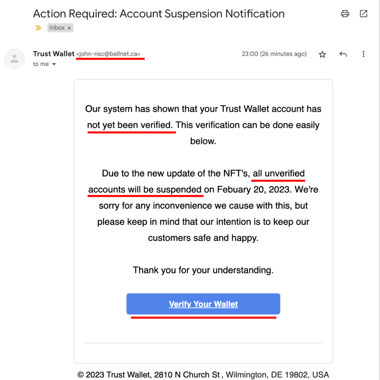 1/3 - Ever received an email like this? Well beware, it's a scam!🧵

But, how can you tell?
❌ We'd NEVER ask you to verify your wallet
❌ We wouldn't email you. We don't have your email address anyway!
❌ The sender address is scam. It's not a Trust Wallet email address.