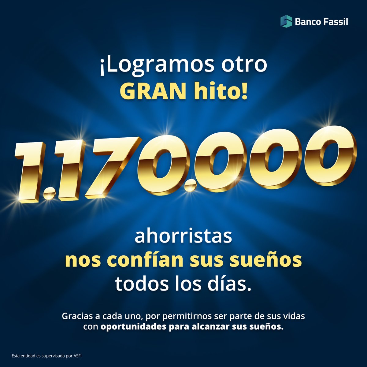 ¡Marcamos un nuevo hito!

Agradecemos a los 1.170.000 ahorristas que aportan al crecimiento del país junto a nosotros.

#BancoFassil
#DondeEstánLasOportunidades