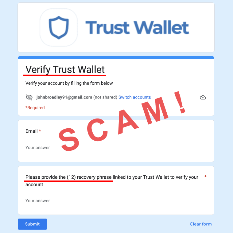 2/3 - The link you are asked to click to 'verify your wallet' in emails like this, will bring you to a form similar to this below.

It will ask you to 'verify your wallet' by filling out your 12 word recovery phrase. Remember, NEVER give out your secret phrase to anyone!