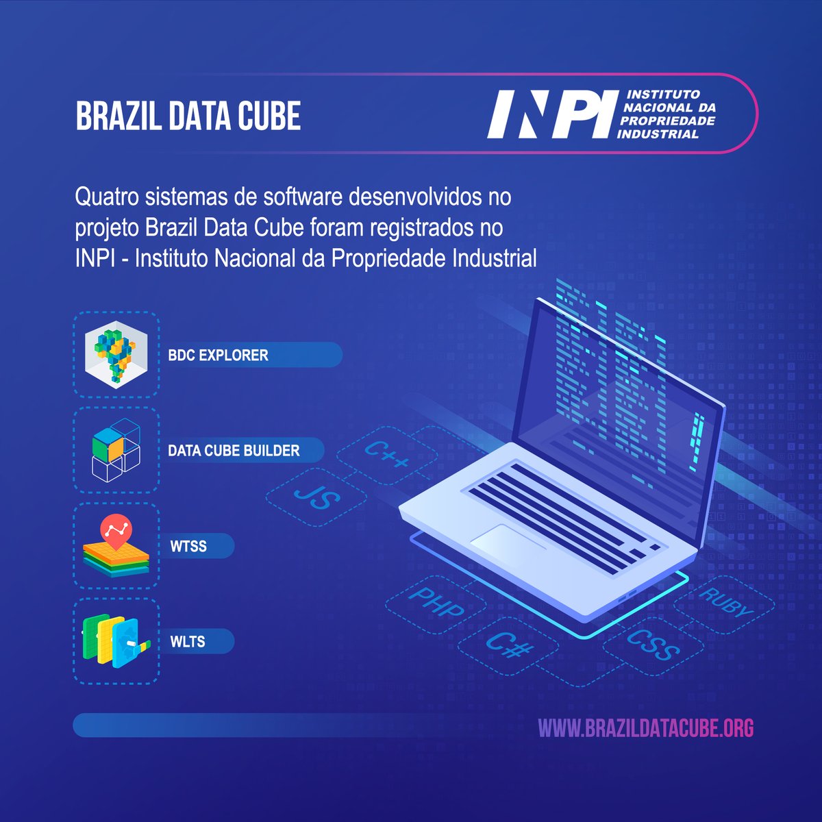 BrazilDataCube's tweet image. O BDC acaba de registrar 4 sistemas de software, BDC Explorer, Data Cube Builder, WTSS e WLTS, desenvolvidos no projeto junto ao INPI. Esse número é um dos indicadores de produtividade do INPE e de seus cursos de pós-graduação. 
Acesse em: brazildatacube.org/quatro-sistema…
#brazildatacube