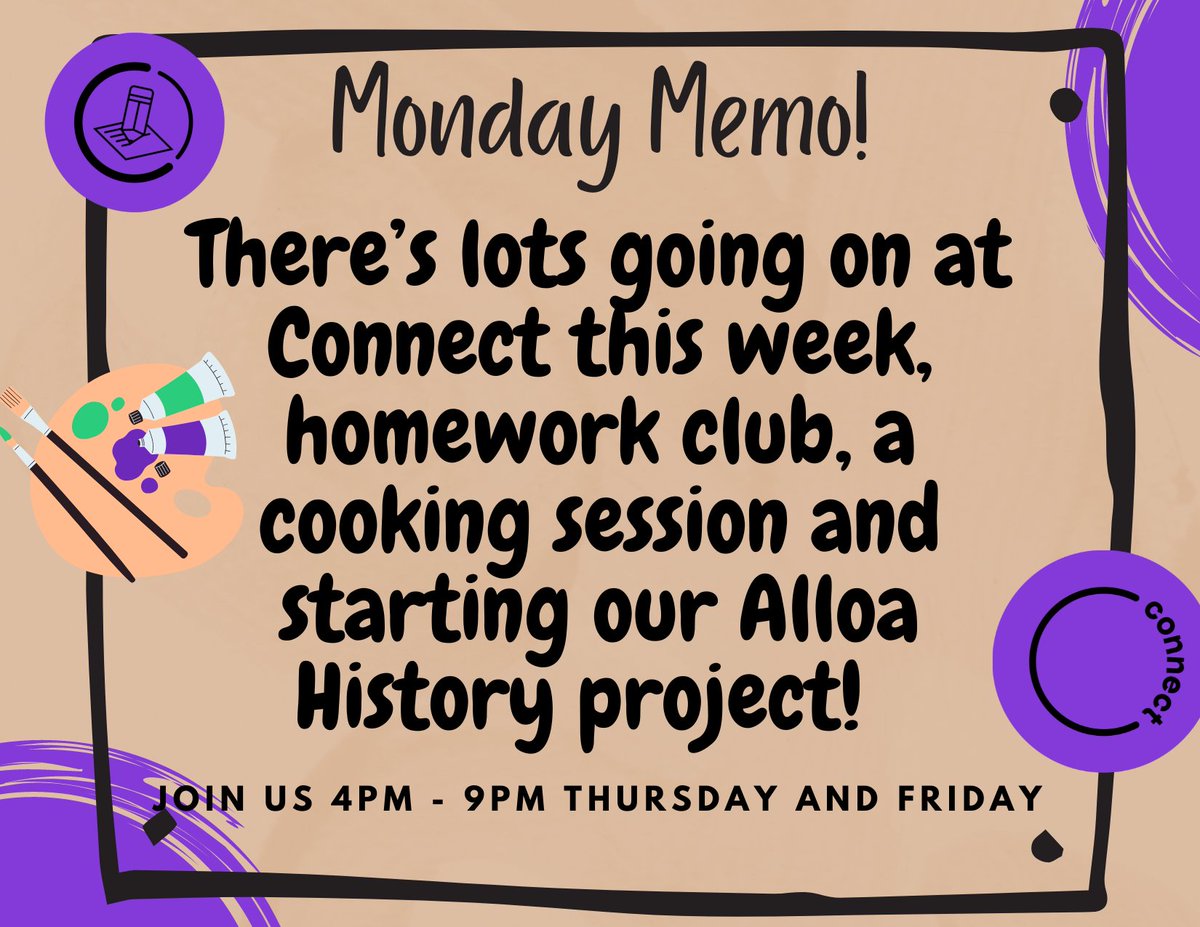 ConnectAlloa's tweet image. This weeks Monday memo, we’ve got a lot on this week from getting on with our homework and studying m, to cooking and starting our new creative project! 
#connectalloa #youthwork #cookingsession #creativeproject #weappreciateyou