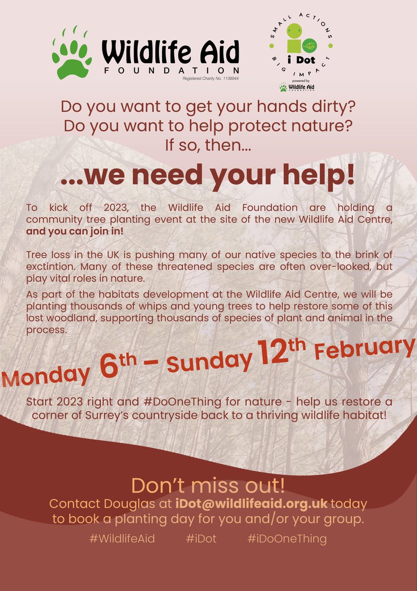 Would you like to plant trees to help nature?
From 6th-12th February <a href="/wildlifeaid/">Wildlife Aid</a> is inviting you join in a week of tree planting days at the site of our new development,the Wildlife Aid Centre.
Contact iDot@wildlifeaid.org.uk to book.
#WildlifeAid #iDot #iDoOneThing #DoItToday