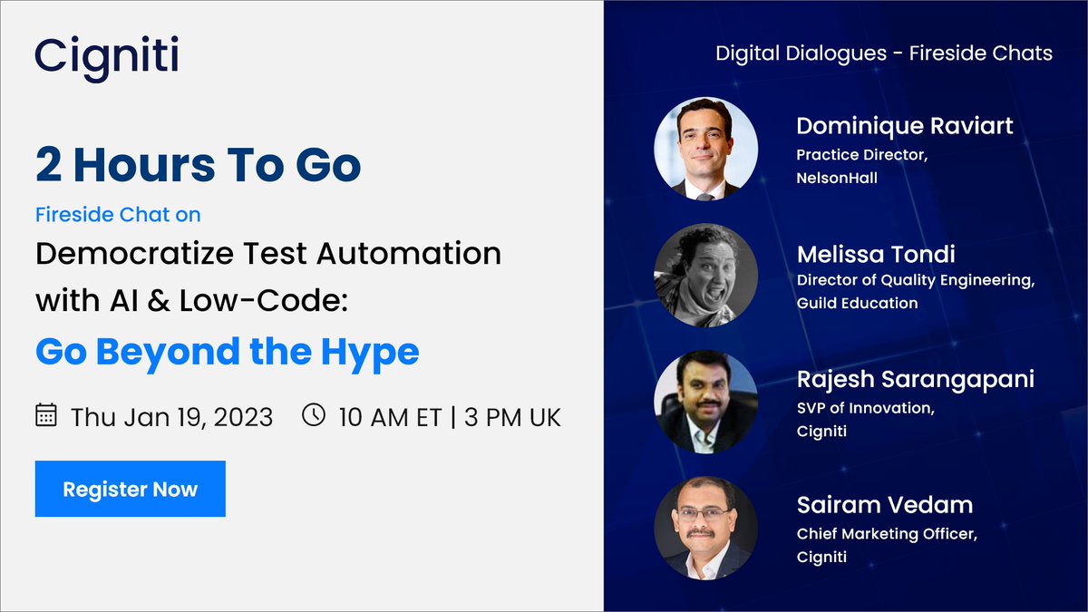 #RT @cigniti: 2 hours to go for today's #digitaldialogue where #SoftwareTesting leaders from @NHInsight, @GuildEducation and Cigniti will be joined by 800+ QE and Low-Code/No-Code practitioners from global organizations.

See you inside - …