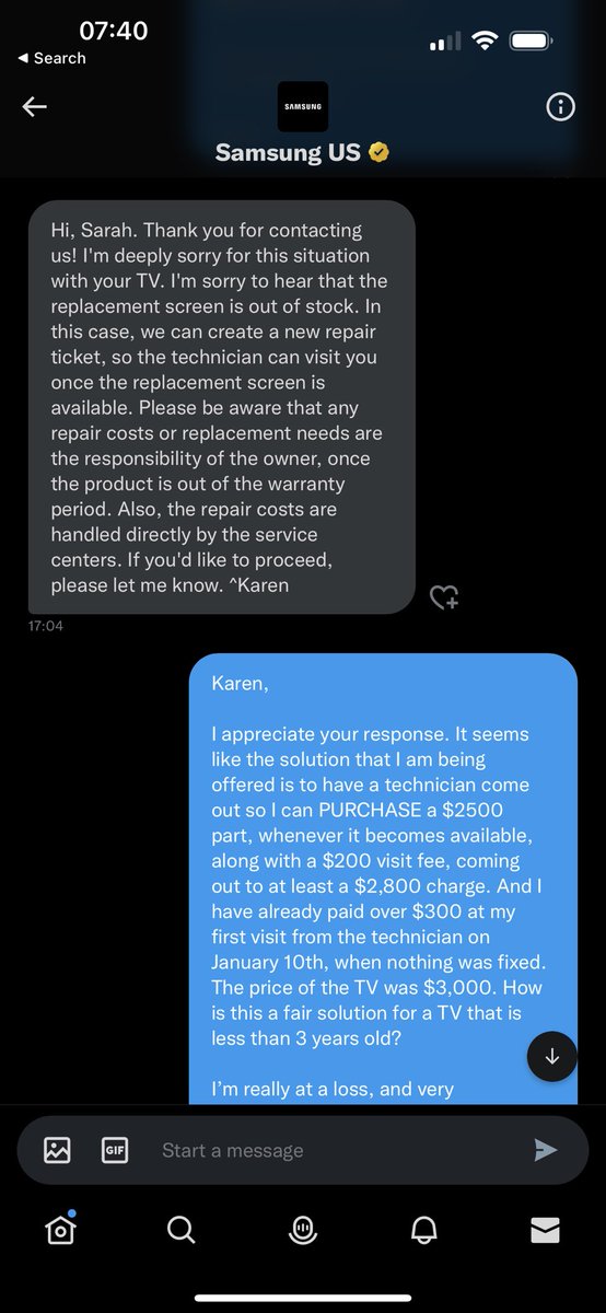 sarahmstark's tweet photo. @SamsungUS Continues to leave me hanging. I haven’t had a TV 3 weeks and there are no solutions being offered. If your Brand Identity is “We put people first, at the center of everything we do” where do I fit in here?? https://t.co/Ntc3jZgjGJ