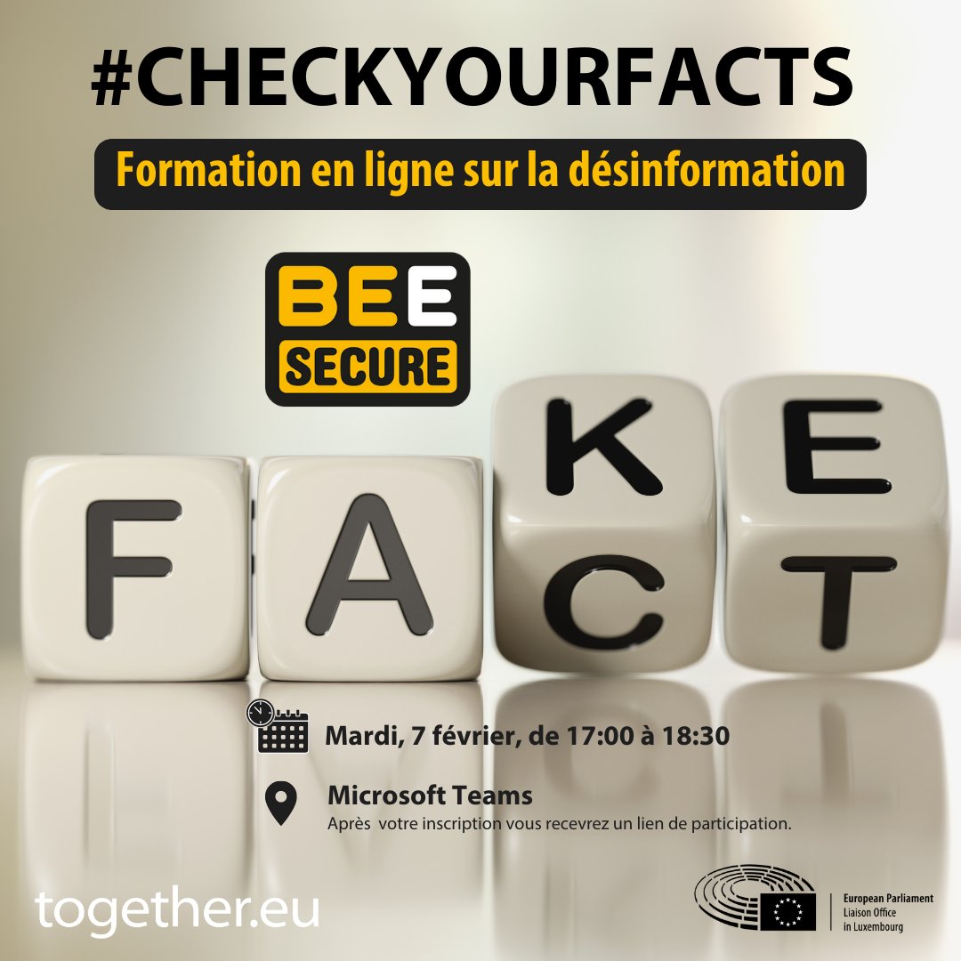 Comment distinguer les vraies des fausses informations ? Participez à notre formation en ligne sur la désinformation avec @BEESECURE : 🗓 07/02 de 17- 18h30 💻 sur MS Teams 🗣 en français. 👉 Plus d'infos et inscription : together.eu/.../checkyourf… #TogetherEU #EnsembleEU