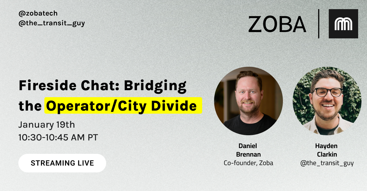 If we want to transition away from car-dependent transit, cities and operators need to work together to expand #micromobility access. 

Join Zoba's own @danjbrenn and the <a href="/the_transit_guy/">Hayden</a> for a live discussion on what's holding us back and how we can get there.