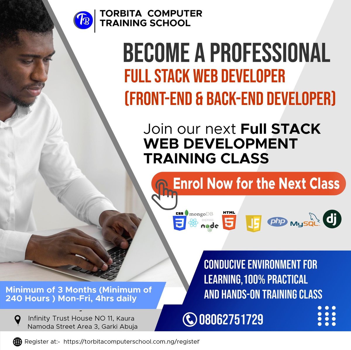 SchoolTorbita's tweet photo. JANUARY CLASS - FULL STACK #WEB #DEVELOPMENT #TRAINING (Front-end and Back-end)

Register this JANUARY and enjoy our NEW YEAR #PROMO PRICE.

Starting Date: Monday, 23/01/2023
Time: 9am.

Torbita Computer Training School,11 Kaura Namoda Street, Area 3, Garki Abuja.
0806 275 1729 https://t.co/wCDQ1DvaWm