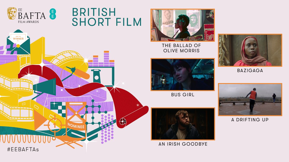 BAFTA's tweet photo. 🎥 Our British Short Film nominees 🎥
🎞 THE BALLAD OF OLIVE MORRIS
🎞 BAZIGAGA
🎞 BUS GIRL
🎞 A DRIFTING UP
🎞 AN IRISH GOODBYE
#EEBAFTAs https://t.co/dndTEM7fOf