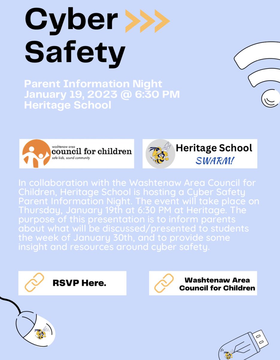 Heritage families: please join us at 6:30 tonight for a presentation/discussion on cyber safety in partnership with WACC. It should be an informative evening!