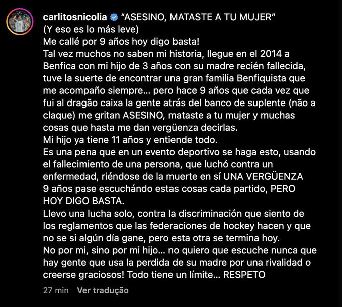 Carlos Nicolia após o jogo com o FC Porto: "É uma pena que num evento desportivo se ria da morte de uma pessoa, que lutou contra uma doença. 9 anos a ouvir, mas hoje eu digo basta."