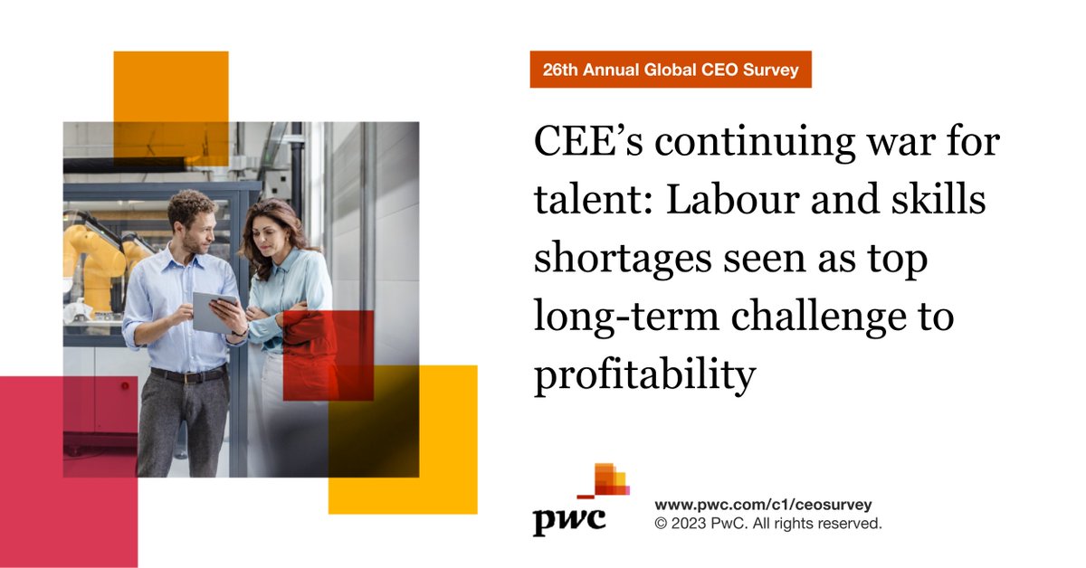 For 64% of CEE CEOs labour and skills shortages are the top long-term challenges to profitability in the region, PwC’s 26th Annual Global #CEOSurvey reveals. Find out more about other challenges: pwc.to/3H02LNC #TheNewEquation #FutureofCEE