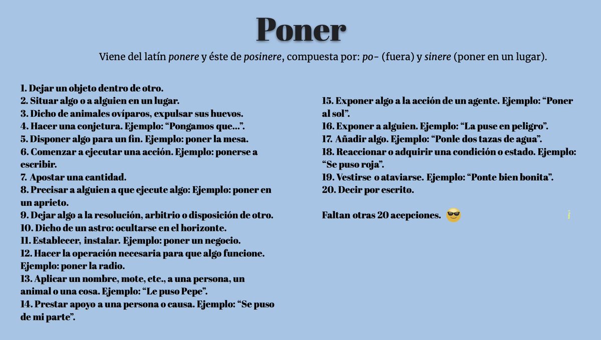 Naky's tweet photo. El reto es convencer a quienes no quieren usar el generoso verbo #poner que 'colocar' no es más sofisticado 😉

¡Poner tiene 43 acepciones!
-colocar apenas tiene 6-

#UsaPoner 
#AmigaDateCuenta https://t.co/U9ctnc19VO