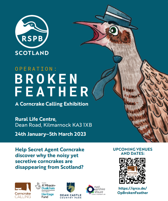 Crack the case of #operationbrokenfeather at Kilmarnock's Rural Life Centre. With the @RSPBScotland ' s #CorncrakeCalling exhibition.  @RSPBLochwinnoch, @CrexCrexNet @HeritageFundUK @kaukabstewart @visitscotland @eactourism @EALeisure