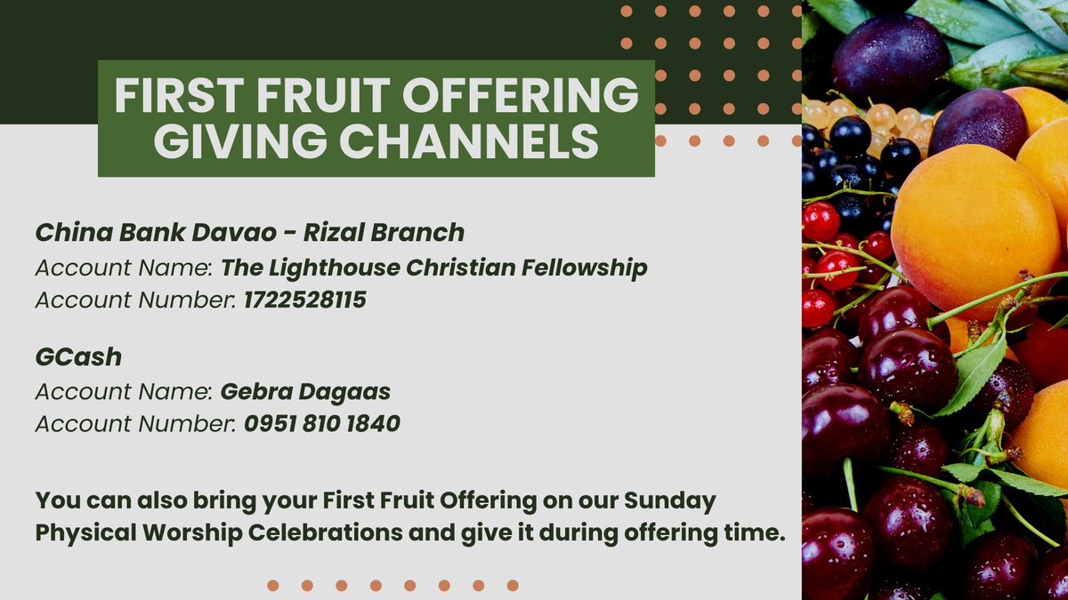 lighthousedavao's tweet photo. Give to God the best portion of your first produce as an acknowledgement that He is the owner and source of all that you have. It is not compulsory. Giving will depend on your own conviction and faith. He deserves the first and the best of our offering!
#FirstFruitOffering https://t.co/3ZXBDZDsjm