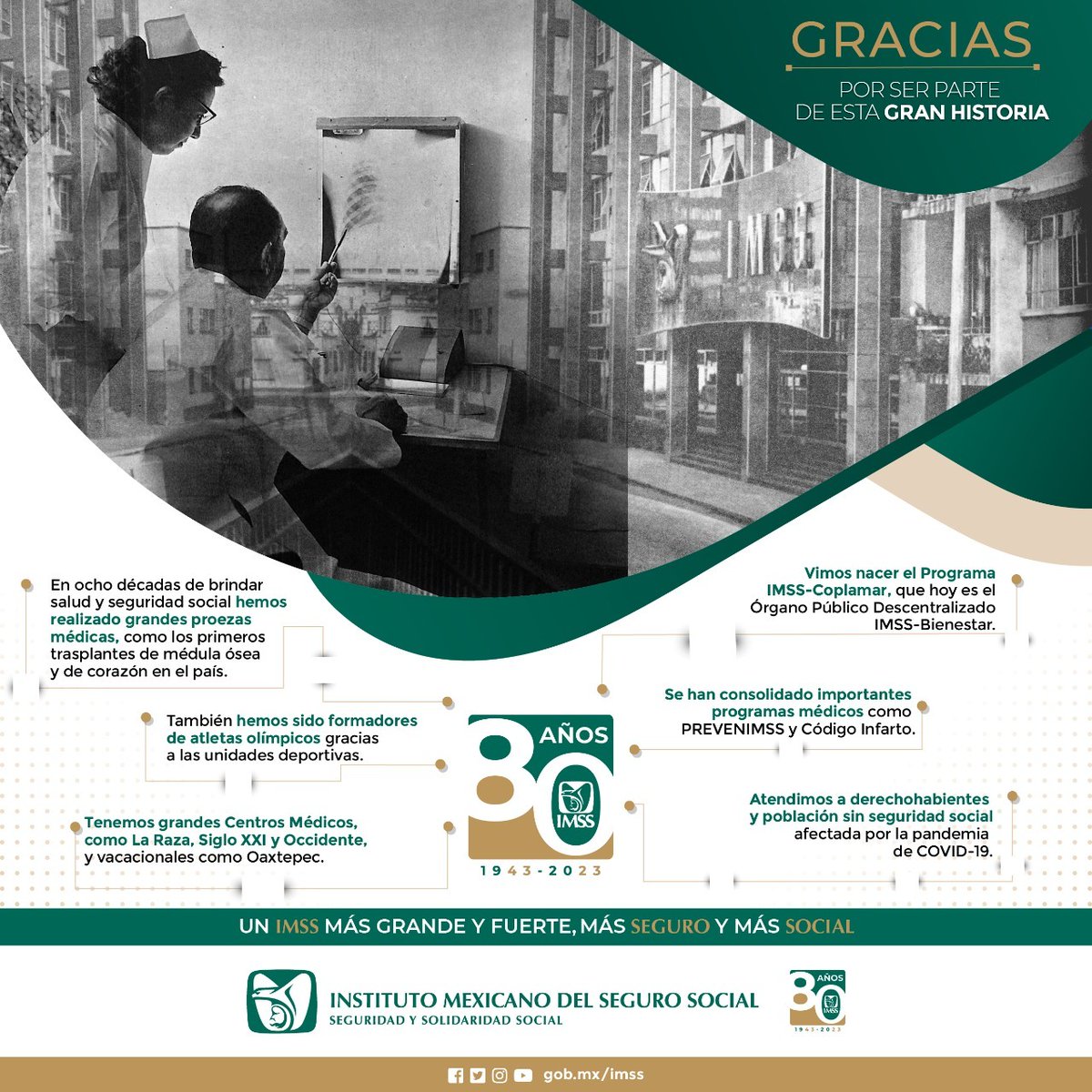 Tu_IMSS's tweet photo. ¡Estamos de fiesta, cumplo 80 años!

Hoy celebramos las grandes proezas médicas que hemos realizado y los avances logrados a través del tiempo con el único objetivo de brindar #SeguridadSocial y #bienestar a la población. ¡Voy por más años!🎂

#80AñosIMSS #80AñosDeSaludYBienestar https://t.co/wbRANZJqVK