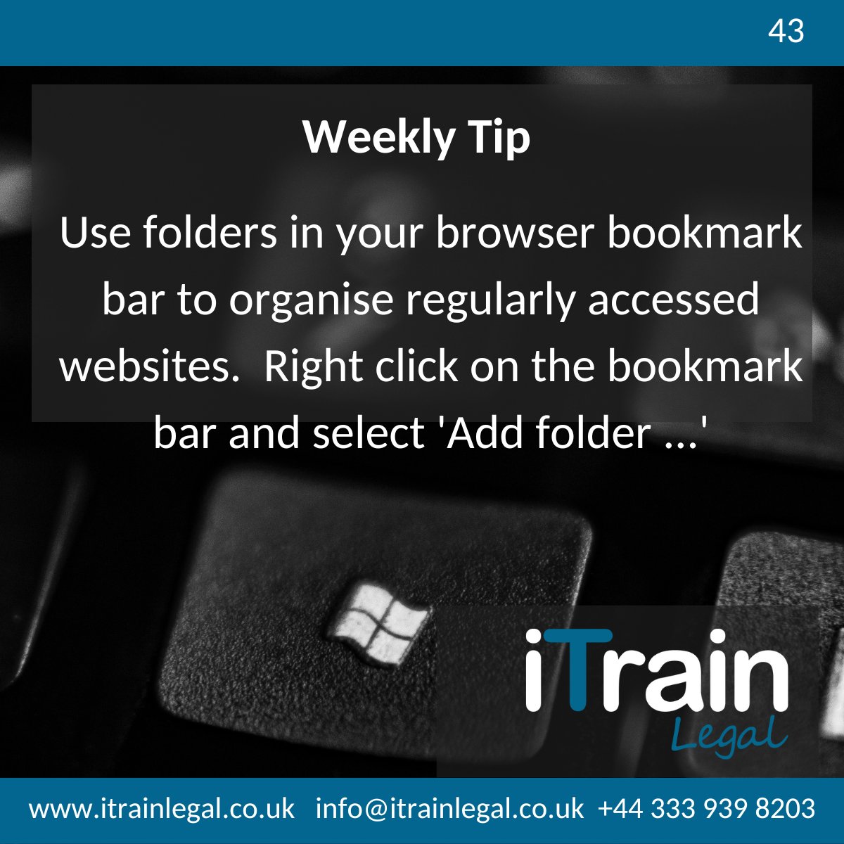 Bookmarks, also known as Favorites, are a great way to save time when jumping around the web. Here’s how to organise your browser bookmarks:
💡Right click on the bookmark toolbar at the top of the screen
💡Select ‘Add folder’ and type in a name

#weeklytip #digitalskills
