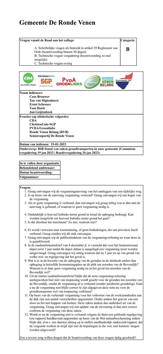 cwbrouwer's tweet image. Vanavond tijdens de commissie van de @gemeentedrv heeft het @CDA_DRV de RIB grondtransporten op de agenda gezet en samen met 4 andere partijen schriftelijke vragen gesteld.