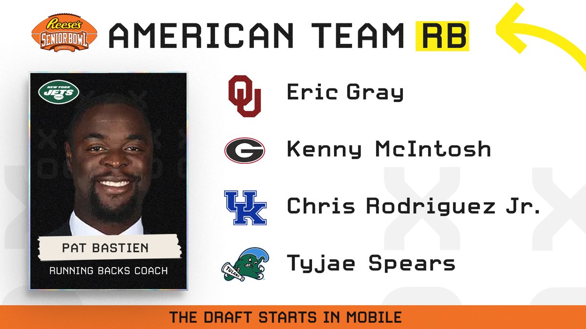 OFFENSE - Roster of RBs on the American Team coached by @nyjets Offensive Assistant Pat Bastien @CoachBastien #TakeFlight #TheDraftStartsInMOBILE™️