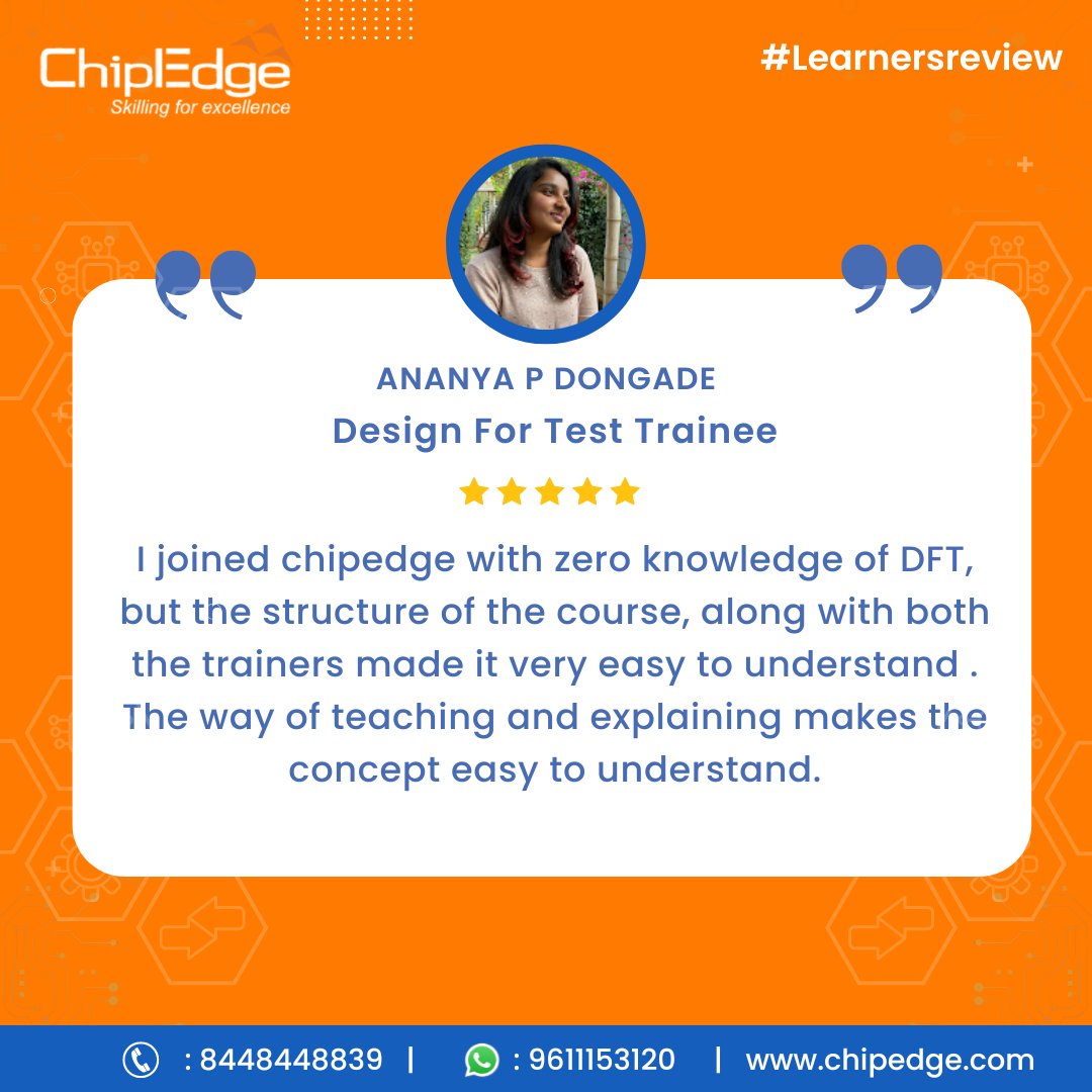 Thank you for your review Ananya ! We are so grateful to our learners who have chosen ChipEdge on their journey toward a career in VLSI. At ChipEdge we ensure that all our learners get 24 x 7 lab access and the latest Synopsys tools. #learnersreview #vlsi #vlsidesign #technology
