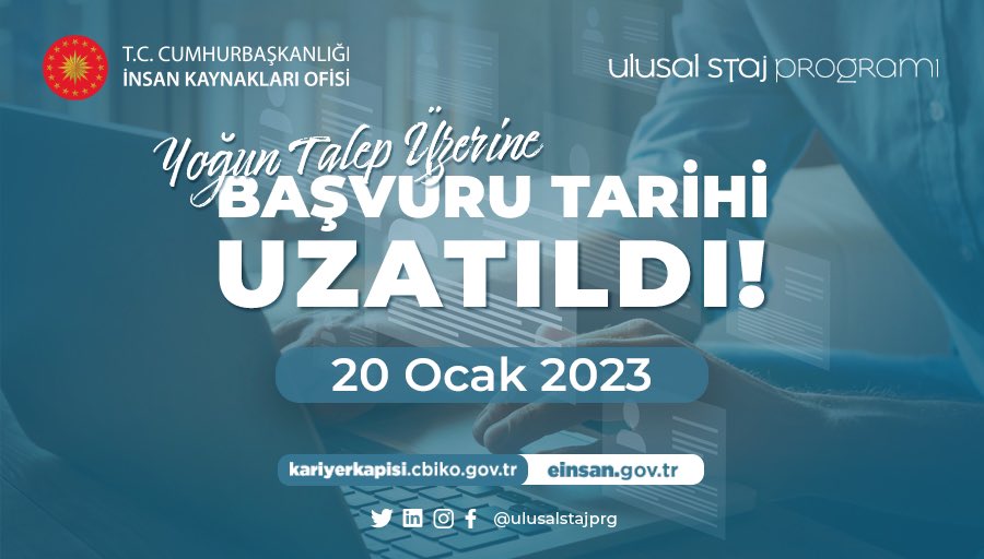 Ulusal Staj Programı (@ulusalstajprg) on Twitter photo Gençler, yoğun talebinize karşılık son başvuru tarihini 20 Ocak 2023 saat 23.59’a kadar uzattık!
Unutmayın, kamu kurumları staj imkânlarını sadece #UlusalStajProgramı’yla sunuyor ve özel sektörün öncü şirketleri de sizin için burada😉 #SeninİçinSeferbiriz <a href="/tccbiko/">T.C. Cumhurbaşkanlığı İnsan Kaynakları Ofisi</a> <a href="/kariyerkapisi/">Kariyer Kapısı</a> Gençler, yoğun talebinize karşılık son başvuru tarihini 20 Ocak 2023 saat 23.59’a kadar uzattık!
Unutmayın, kamu kurumları staj imkânlarını sadece #UlusalStajProgramı’yla sunuyor ve özel sektörün öncü şirketleri de sizin için burada😉 #SeninİçinSeferbiriz <a href="/tccbiko/">T.C. Cumhurbaşkanlığı İnsan Kaynakları Ofisi</a> <a href="/kariyerkapisi/">Kariyer Kapısı</a>