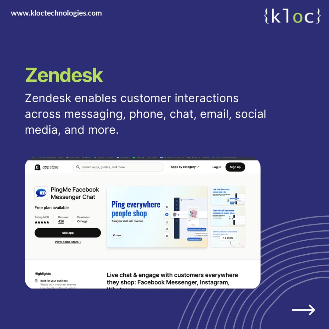 klocsutra's tweet photo. Businesses constantly aim to offer the finest customer service possible.
Stay ahead of the game with customer service apps such as Zendesk, Tidio etc
#KLoc #KLocTechnologies #shopify #ecommerce #shopifystore #ecommercebusiness #shopifyseller #shopifyexperts https://t.co/hlbsd1kmLD