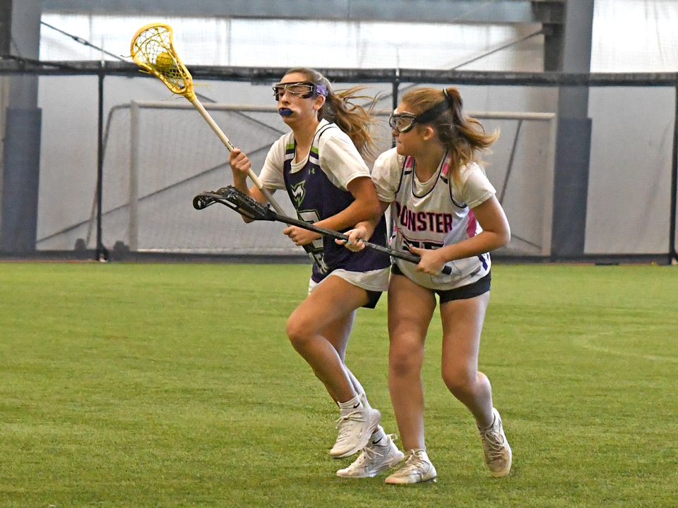Monster_Lax's tweet photo. 2026s playing hard at the MLK Combine – Madeline, Mckenna and Mia attacking while Jordyn made a nice save on a point-blank shot. @PrimetimeBall_ https://t.co/8Y9Xr5alIp