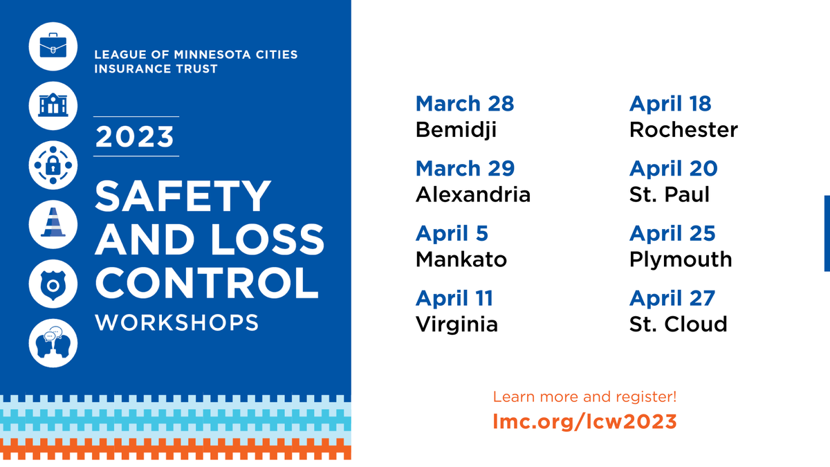 MinnesotaCities's tweet image. Coming to a city near you: 2023 Safety and Loss Control Workshops. 

Brought to you by the League of Minnesota Cities Insurance Trust, these workshops help cities reduce costs and avoid losses. Explore sessions: ow.ly/F3pe50Mueq9

#MnCities #LMCIT