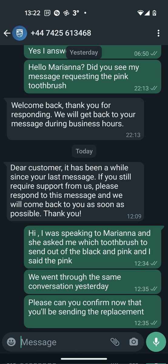 FloDixon_'s tweet photo. @PhilipsSonicare I've already been through it all on the WhatsApp chat help. Please can you refer to this conversation with Marianna. It's basically stopped working and it's in warranty. Please see the last correspondence in screenshots attached. https://t.co/IeefHhunEt