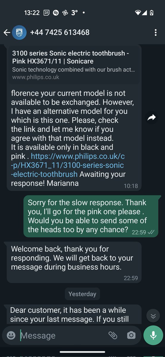 FloDixon_'s tweet photo. @PhilipsSonicare I've already been through it all on the WhatsApp chat help. Please can you refer to this conversation with Marianna. It's basically stopped working and it's in warranty. Please see the last correspondence in screenshots attached. https://t.co/IeefHhunEt