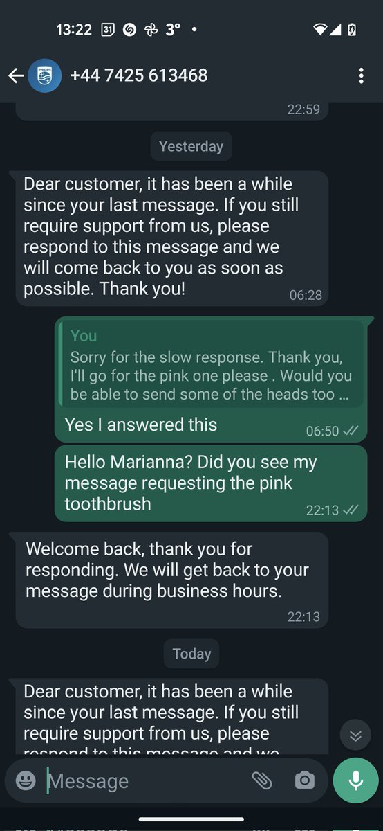 FloDixon_'s tweet photo. @PhilipsSonicare I've already been through it all on the WhatsApp chat help. Please can you refer to this conversation with Marianna. It's basically stopped working and it's in warranty. Please see the last correspondence in screenshots attached. https://t.co/IeefHhunEt