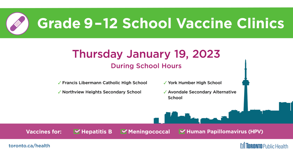 TODAY: we'll be holding the following school vaccine clinics ⬇️ providing students in grades 9-12 with the opportunity to get their Hep B, Meningococcal &amp; Human Papillomavirus vaccines. Learn more: toronto.ca/community-peop…