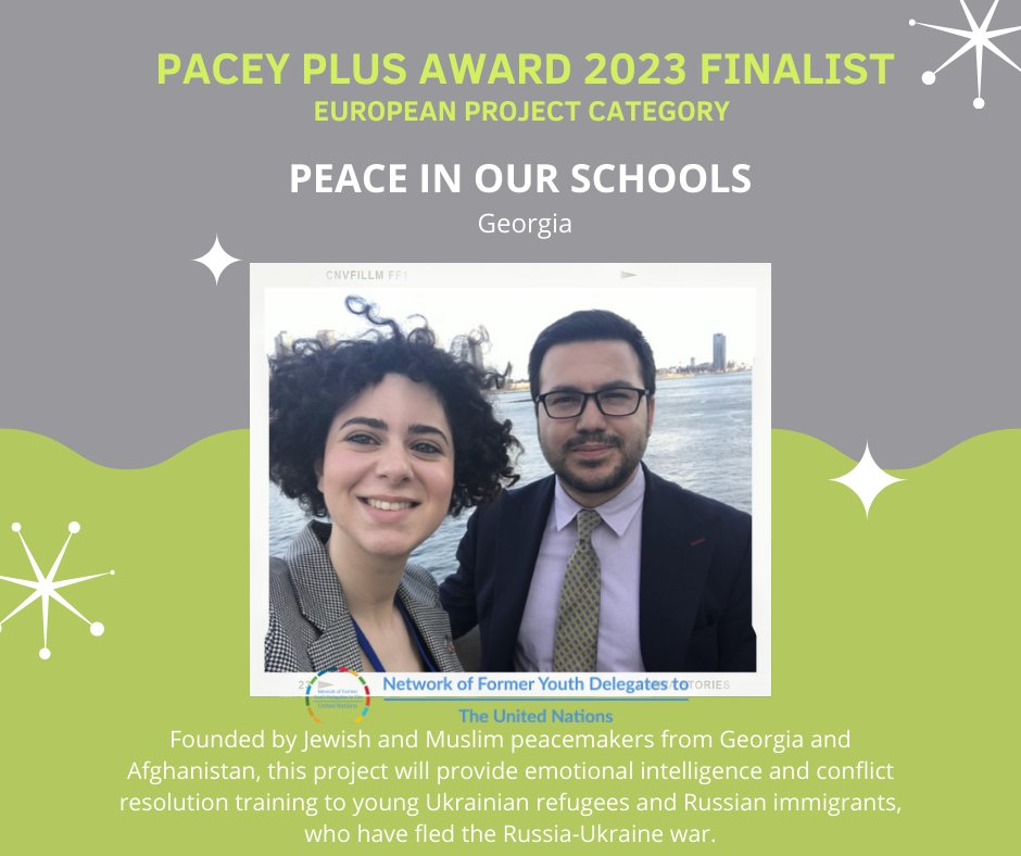 alyn_ware's tweet photo. Lika Torikashvili and Ramiz Bakhtiar, finalists in the 2023 #PACEYAward for their 'Peace in our Schools' project in Georgia. €15,000 in prizes. Join the event. Vote to help determine the winners. https://t.co/vMKa2y7jhJ https://t.co/qi0nr9kwVm