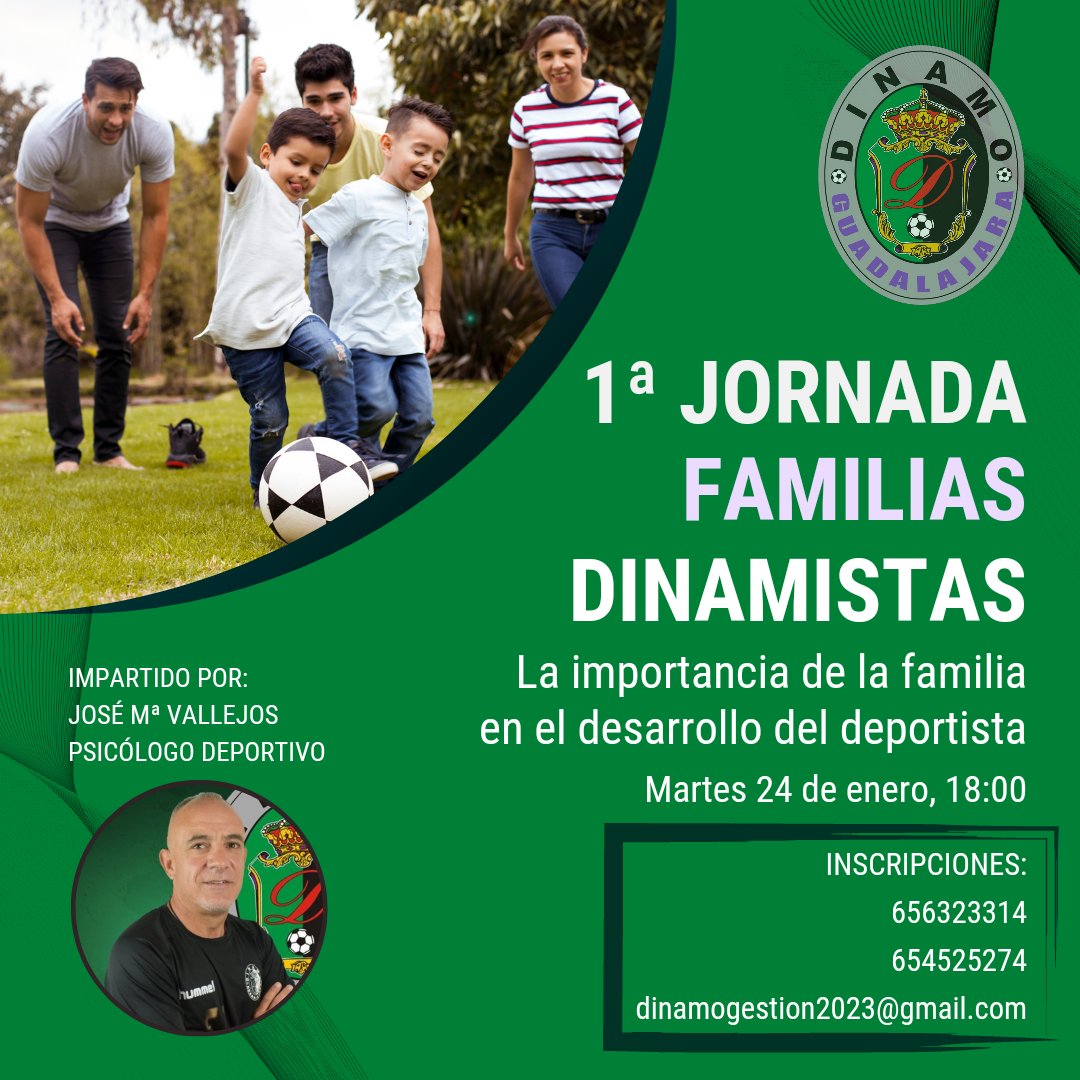 1ª JORNADA FAMILIAS DINAMISTAS

Taller formativo (y gratuito) en el que profundizaremos sobre la importancia de la familia en el desarrollo del deportista.
Impartido por José Mª Vallejos, psicólogo deportivo del club.