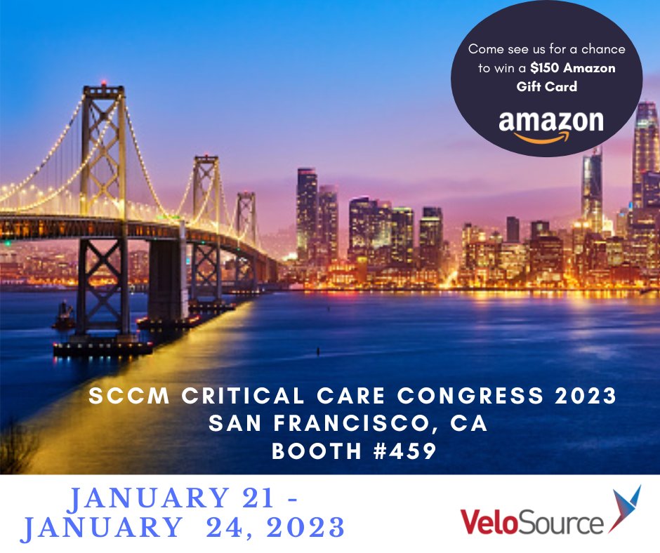 VeloSource's tweet photo. We are only a couple of days away from the SCCM Critical Care Congress! Come by our booth #459 for a chance to enter and win a $150 Amazon gift card! #locums #SCCM2023 #travelhealthcare #velosource https://t.co/ZOEEGkKwGd