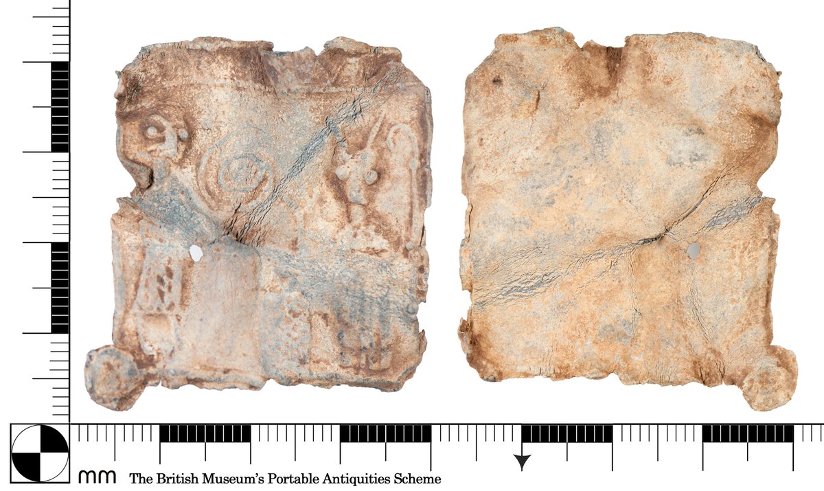This pilgrim badge shows Saint Eloi with a pilgrim. Medieval people were sometimes 'measured for a candle', a piece of string as long as they were tall was turned into a coiled candle (the spiral) &amp; offered to a saint in return for a favour. #FindsFriday finds.org.uk/database/artef…