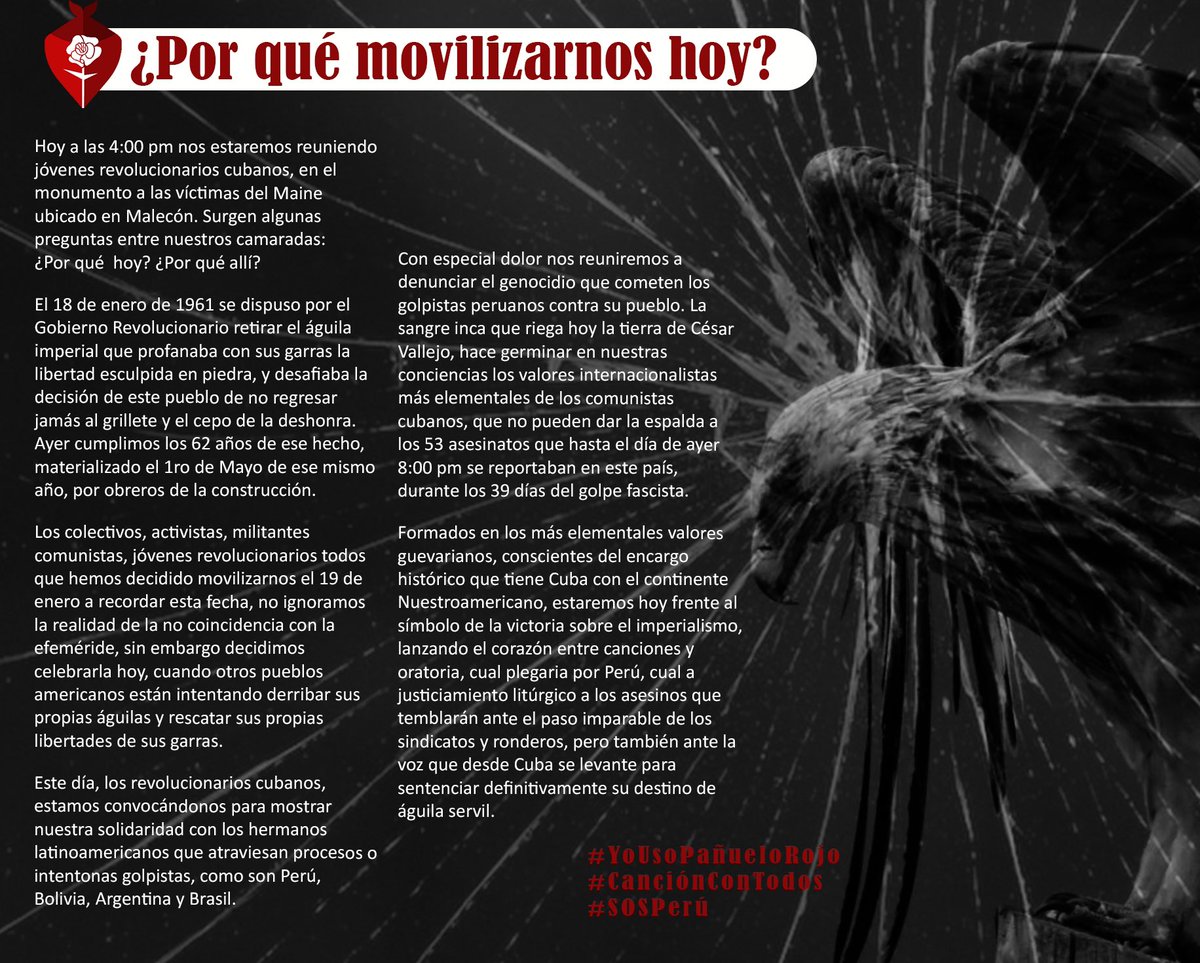 Hoy a las 4:00pm nos estaremos reuniendo los jóvenes revolucionarios cubanos, en el monumento a las víctimas del Maine ubicado en Malecón. Surgen algunas pregunta entre nuestros camaradas: ¿Por qué  hoy? Por qué allí? 🤔

     #YoUsoPañueloRojo‼️
#CanciónConTodos‼️
#SOSPerú‼️