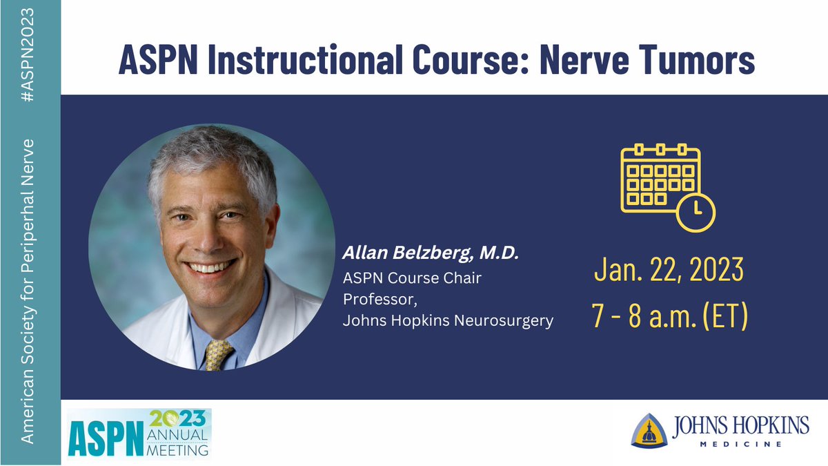 .<a href="/HopkinsNsurg/">Johns Hopkins Neurosurgery</a> Allan Belzberg chairs the nerve tumors instructional course at 7 am, 1/22. Attendees will learn about surgical techniques &amp; treatment of benign &amp; malignant peripheral nerve sheath tumors + other mass lesions involving peripheral nerves. @Hopkinsnerve #ASPN2023