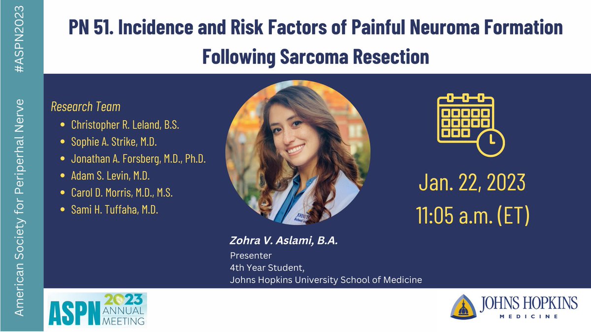 At 11:05 am today, 4th yr med student, Zohra Aslami (<a href="/ZohraAslami/">Zohra Aslami</a>) will present on the incidence &amp; risk factors of painful neuroma formation after sarcoma resection @Hopkinsnerve @Hopkinsortho #ASPN2023