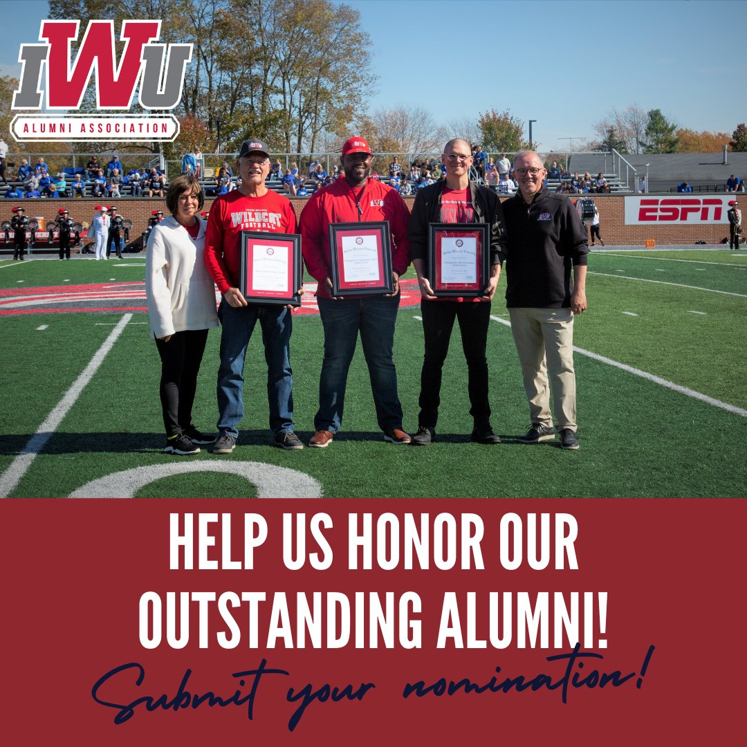 Do you know an outstanding IWU alumnus? Nominate them for a 2023 Distinguished Alumni Award! To learn more about the criteria for these awards and submit your nominations, visit forms.office.com/r/pgYccASaPD.
#iwugrad