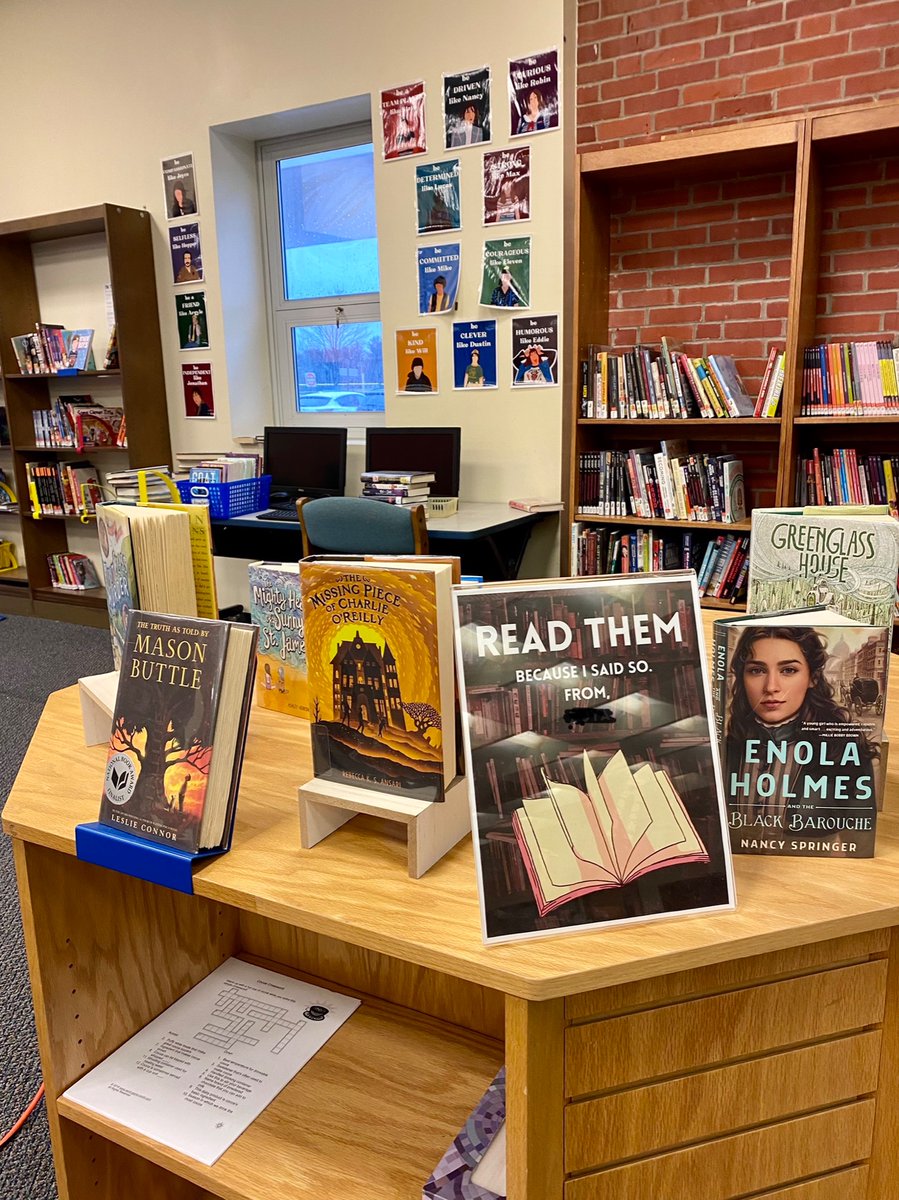 New displays in the media center: Student curated, down to the signage #cranburyschoolpride #readthem