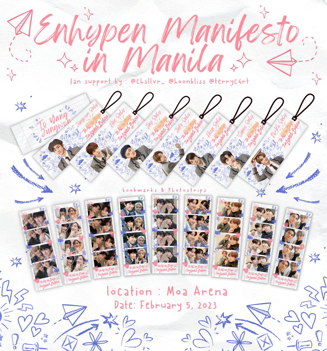 ꒰ Enhypen Manifesto In Manila ꒱ 

. . hello, engenes ! <a href="/chsllvr_/">ellai !?</a> , <a href="/hoonbIiss/">wish | comms open ୨୧</a> &amp; <a href="/terryc4rt/">rene</a> will be giving away "To All the Boys I've  Loved Before" themed freebies on feb 5 !

🩰 like &amp; rt 
🎟 mbf 
🪷 show proofs on d-day
 
• open for trades &amp; donations !

#MANIFESTO_IN_MANILA