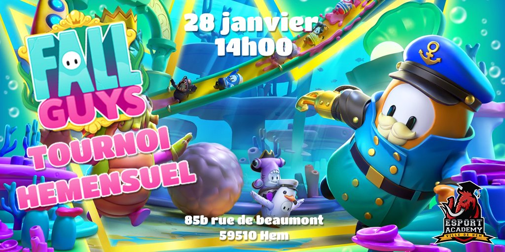 La Hem Esports Academy vous présente le #Hemensuel ! Chaque mois, venez participer à un tournoi fun ouvert à tous, sur un jeu sélectionné par nos soins ! 🔥

Pour cette première édition : Fall Guys ! 

Rendez-vous ce samedi 28 janvier à 14h00 au local de l'académie !