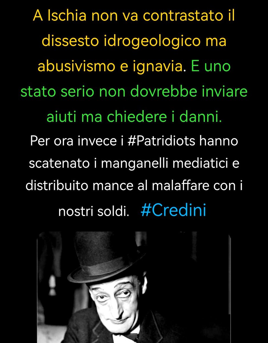 alfadixit's tweet photo. @FratellidItalia Questi poveri #Credini non rimuovono le cause del problema (inettitudine e abusivismo) ma elargiscono mance elettorali al malaffare con i nostri soldi. E voi gonzi votateli. https://t.co/lQXNIPSmh4