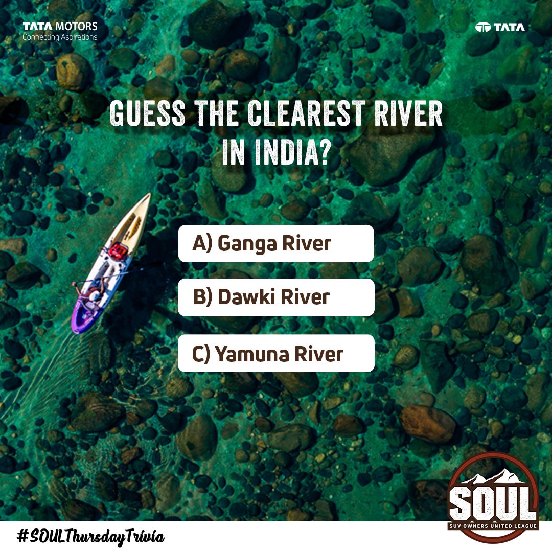 TataMotors_Cars's tweet image. Time for you to empower yourself with this week&apos;s #SOULThursdayTrivia!​
​
Can you guess the correct answer? ​
​
Hint: This river is also known as &apos;Wah Umngot&quot; 
​
#ThursdayTrivia #ConnectWithSOUL #TataHarrier #TataSafari #Puzzle #Quiz