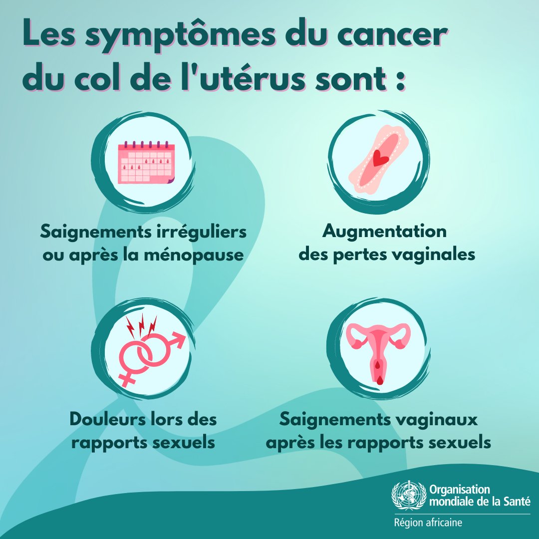 Le cancer du col de l’utérus peut être évité. Il peut être soigné s’il est détecté tôt. Le contrôle, un diagnostic précoce et un traitement rapide et efficace sont clés. Voici quelques symptômes à surveiller 👇🏿 Mois de sensibilisation au #CancerColUtérus.