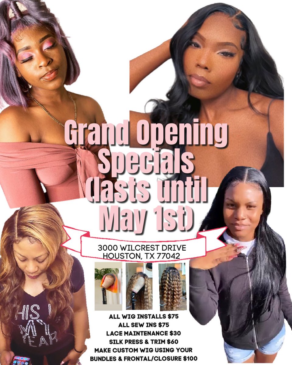 🎀 Grand Opening Special 🎀 
i will officially be open for clients starting 1/27/23. shampoo & conditioning included ! ALL UNDER $100 this is a special you don’t wanna miss!
#houstonhairstylist #houstonwigs #houstonhairextensions #htxstylist #htxhairstylist #htxwigs