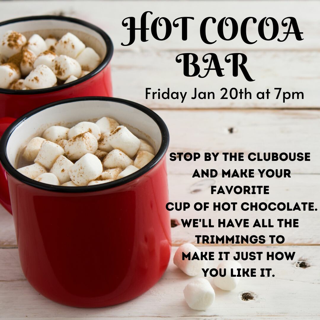 Join us this Friday in the clubhouse for some hot cocoa at 7 PM!

#WeLoveOurResidents #LoveWhereYouLive #Charleston #luxuryrentals #ResidentEvents #AptLife #happynewyear #happy2023 #Jamesisland #settingthestandard #ApartmentLiving #HotCocoa #FridayFeeling