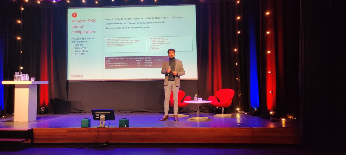 RackspaceNL's tweet photo. AWS Re:Invent Recap BENELUX saw Cloud Architect Masoom Tulsiani (@CloudJedi_) delivering a session on new Elastic Kubernetes Service (EKS) features, including enhancements in reliability, performance &amp; scalability during cluster upgrades &amp; auto-scaling of nodes. 
@AWS_Partners https://t.co/PkBeHtCVrx