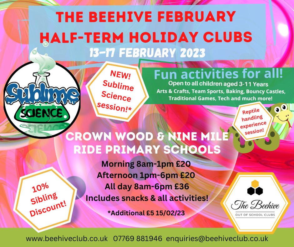 Bookings are open at our 2 club locations: @nmrprimary  & @CrownWoodPS  for a fabulously fun Feb #halfterm!
✨ @SublimeScience
✨ @repencounters
✨ Treasure Hunts!
✨ Dodge Ball!
✨ Arts & Crafts!
✨ Games!
✨ Disco, Karaoke & lots more!
beehiveclub.co.uk/holidayclubs
#halftermclubs
